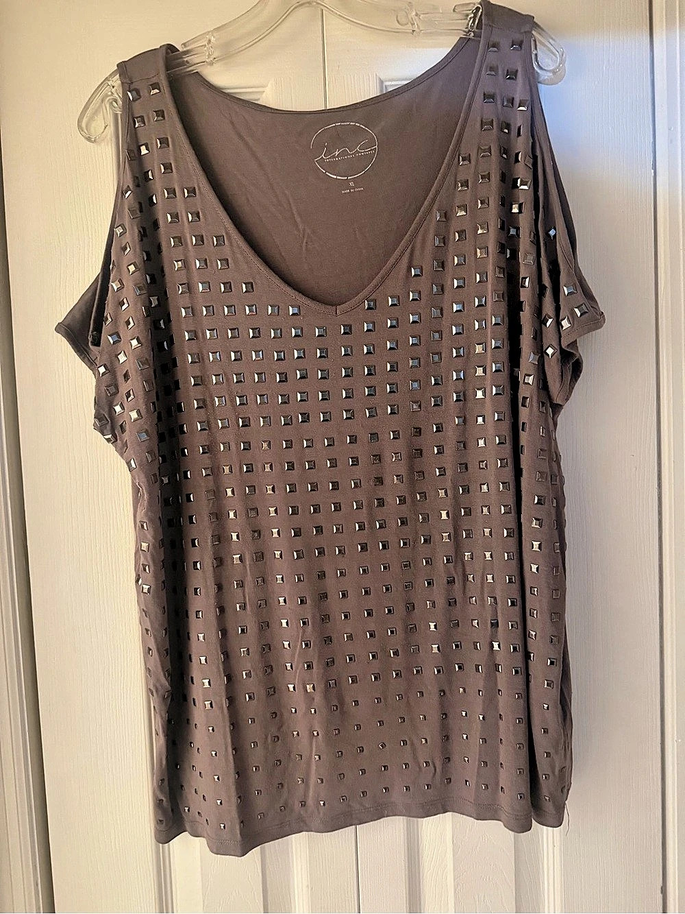 INC Studded Short Sleeve Top in Brown Size XL Like New